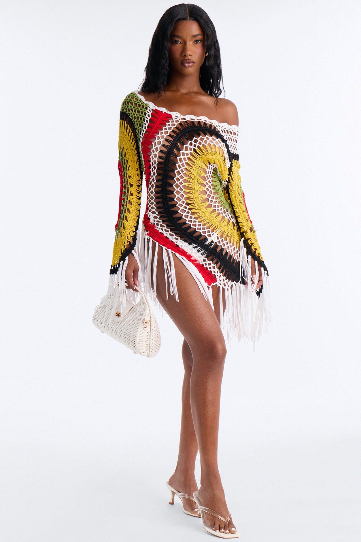 Kat Crochet Fringe Cover Up Long Sleeve Dress - Multi Color