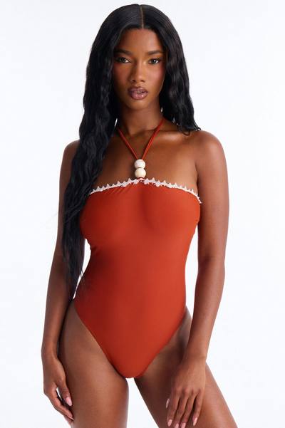 Divine Glow Charm Trim 1 Piece Halter Swimsuit - Wine