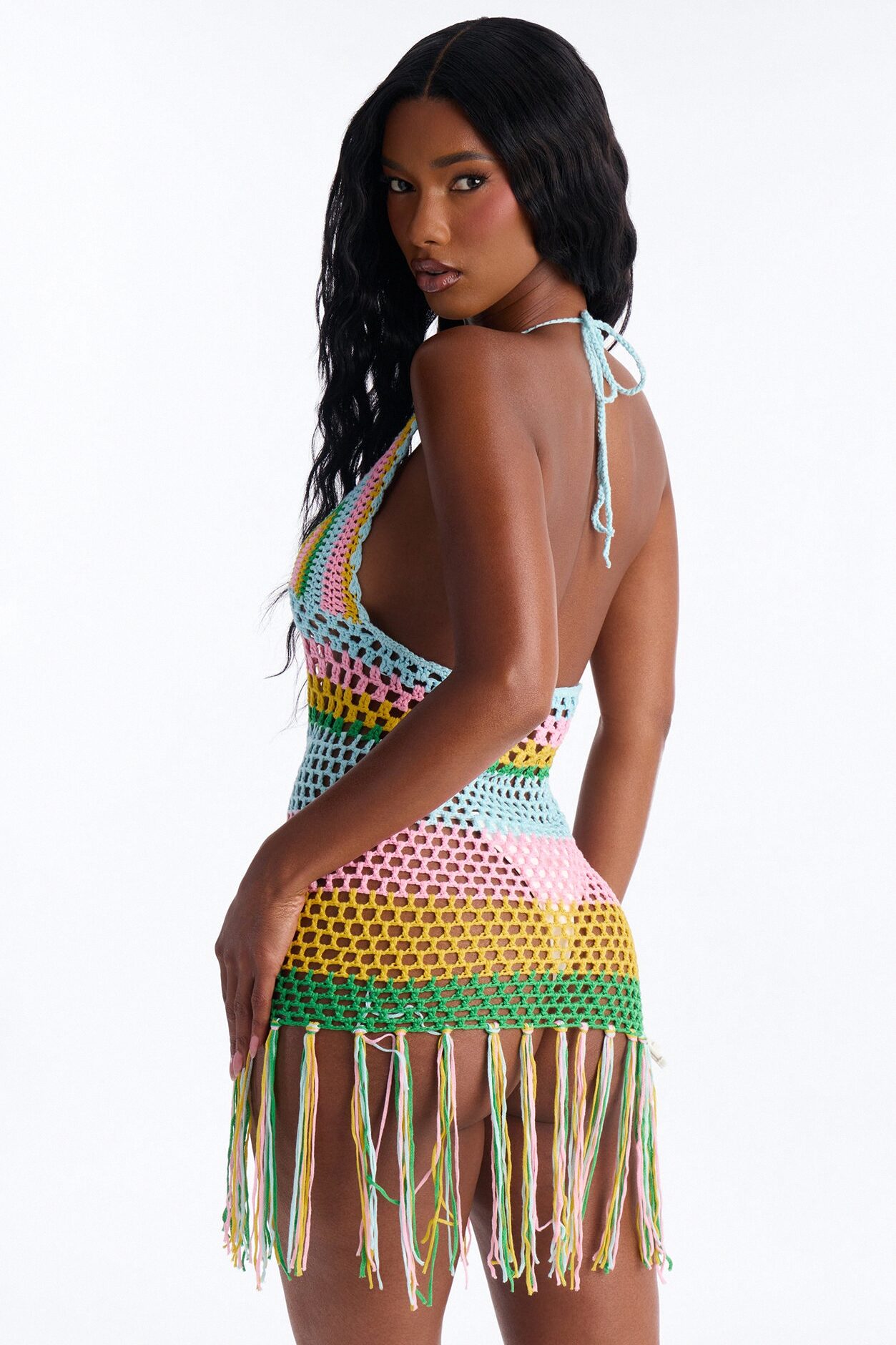Kaira Crochet Fringe Cover Up Halter Dress - Multi Color