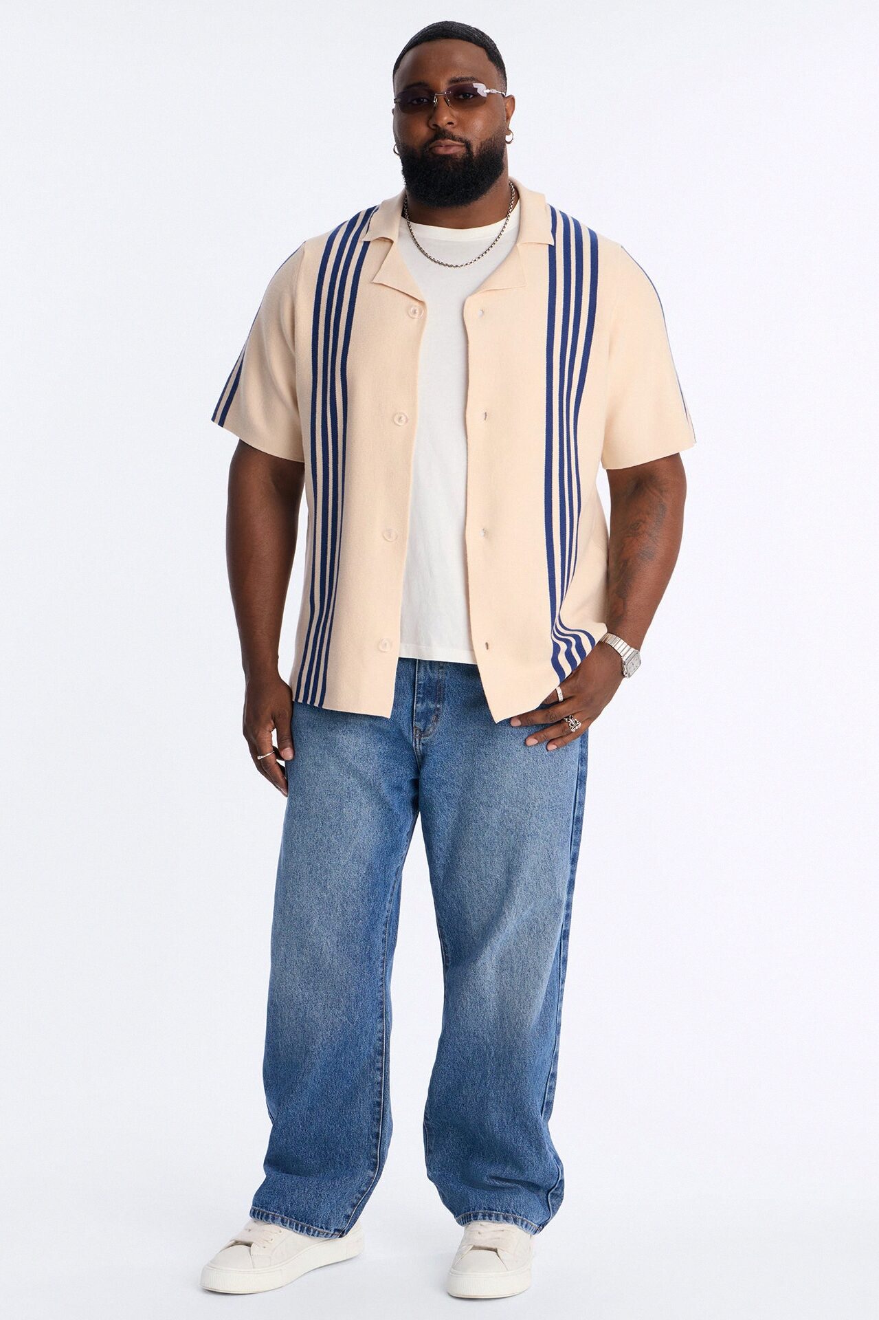 Sunday Jazz Stripe Cuban Collar Button Up Shirt - Cream/combo