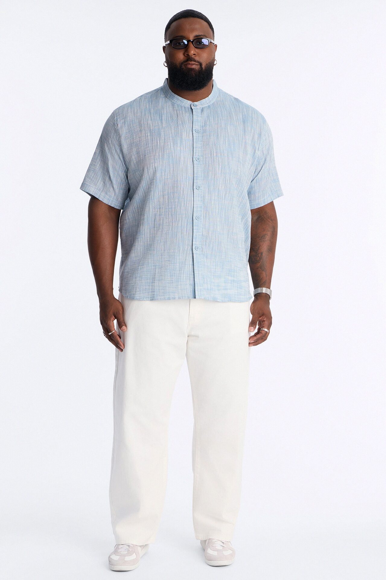 Slub Texture Cuban Collar Button Up Shirt - Blue