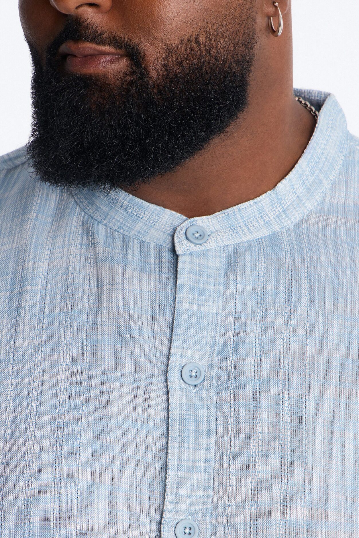 Slub Texture Cuban Collar Button Up Shirt - Blue