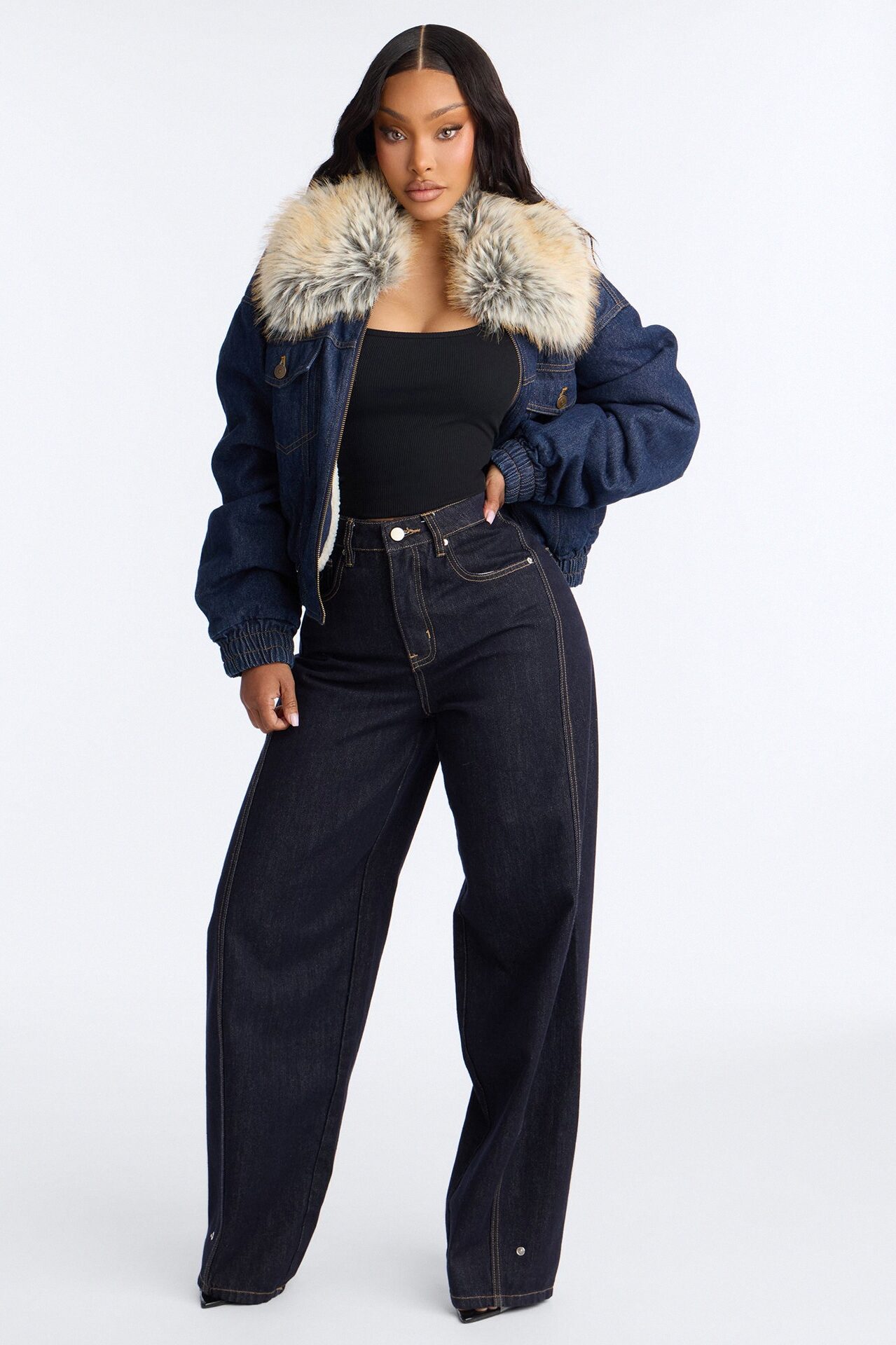 Méribel Faux Fur Denim Jacket - Dark Denim