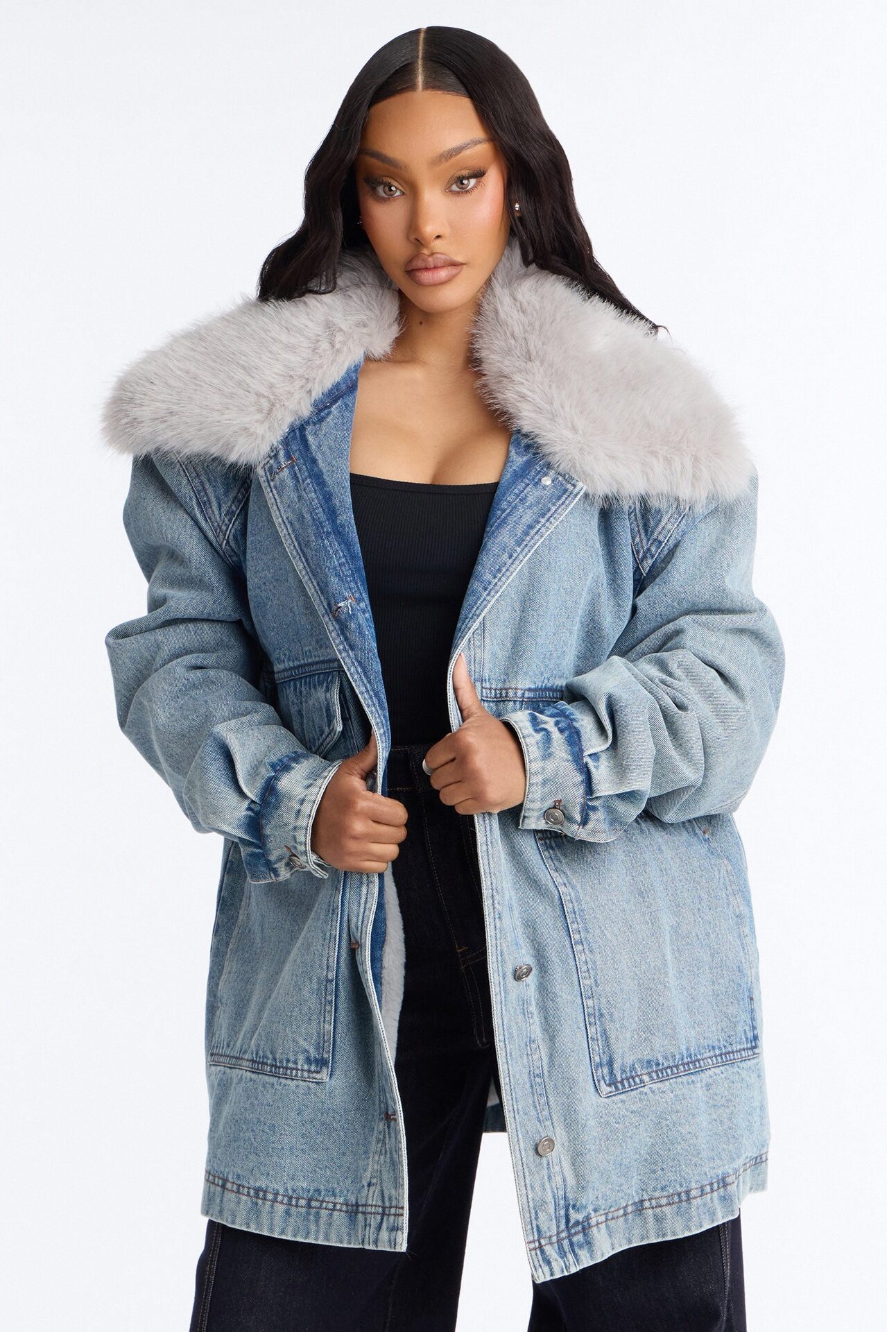 Park City Faux Fur Boyfriend Denim Jacket - Medium Wash