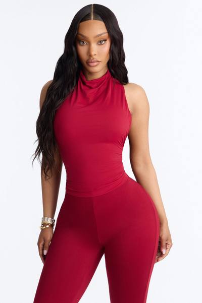 Second Skin Double Lined Mock Neck Racerback Top - DarkRed