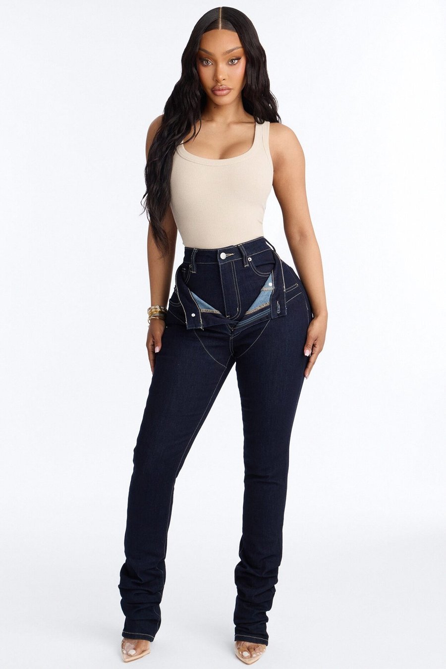 Think Twice Double Waistband High Rise Stacked Skinny Jeans - Denim