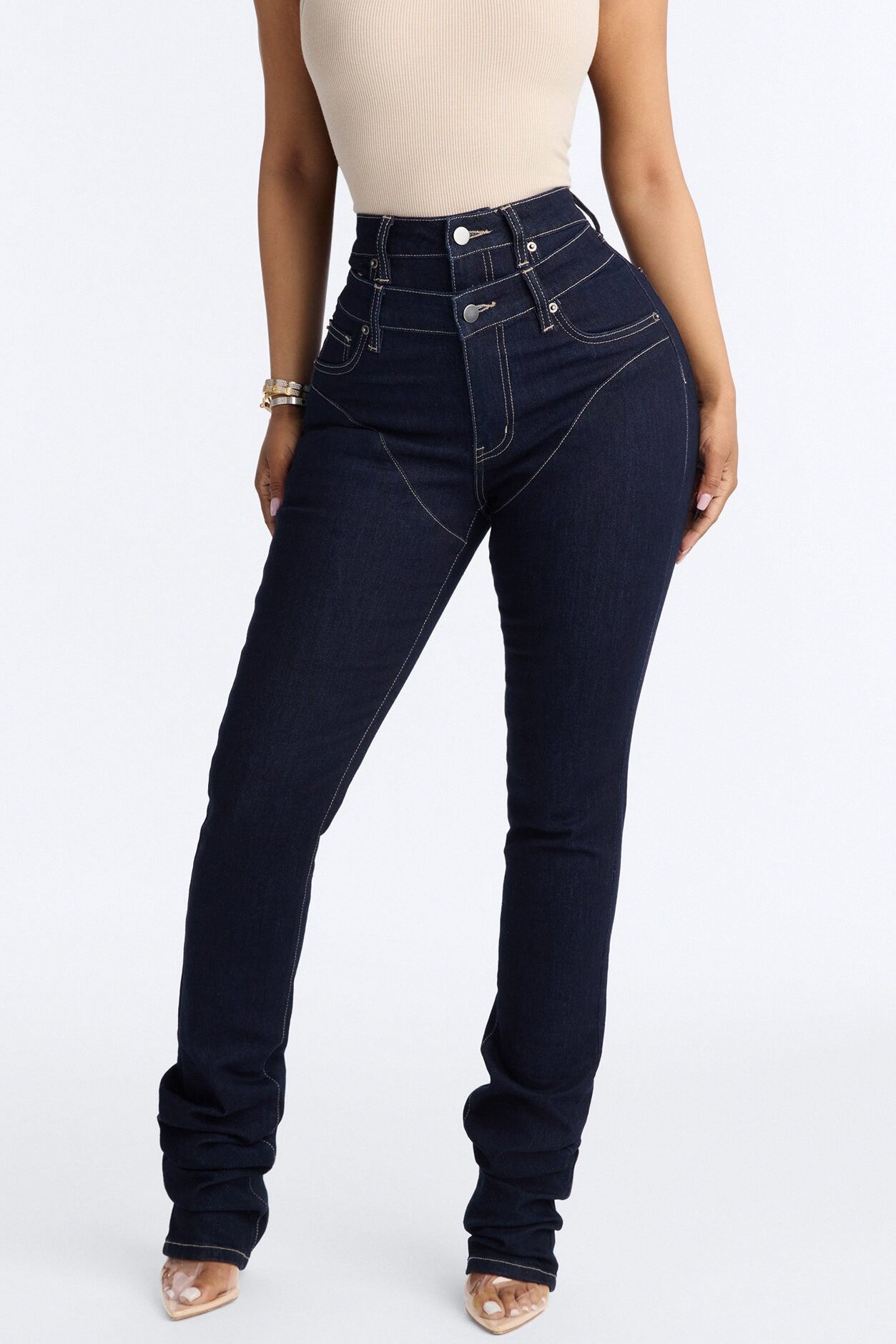 Think Twice Double Waistband High Rise Stacked Skinny Jeans - Dark Denim