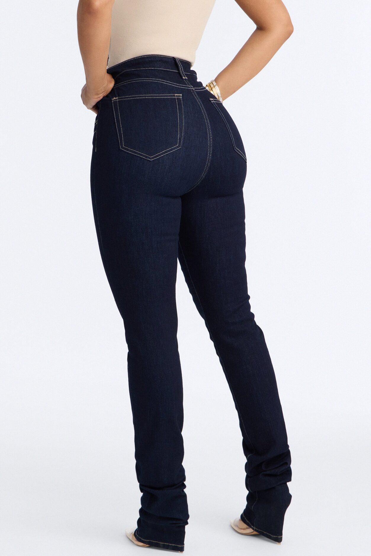 Think Twice Double Waistband High Rise Stacked Skinny Jeans - Dark Denim