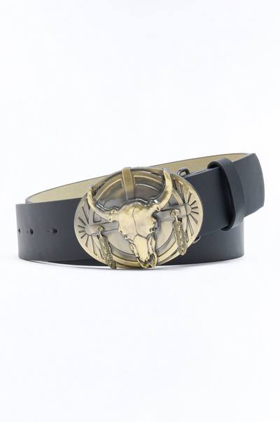 Into The Wild West Bull Buckle Faux Leather Belt - Black
