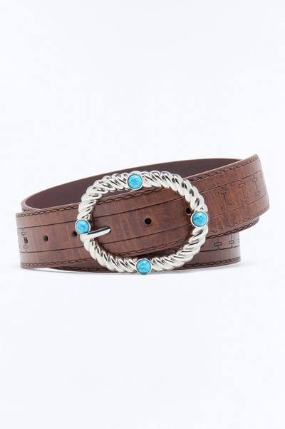 Western Lapis Embossed Faux Leather Belt - Brown