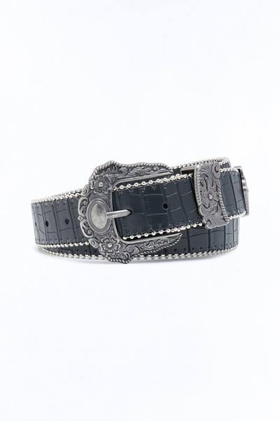 Western Embossed Croc Faux Leather Belt - Black