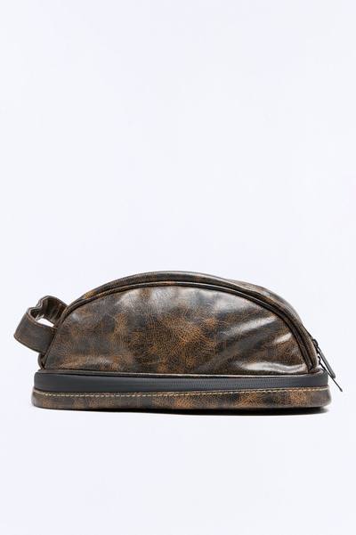 Faux Leather Washed Side Handle Travel Toiletry Bag - Brown