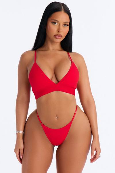Cotton Ribbed Removable Padded Deep V Bralette - Red