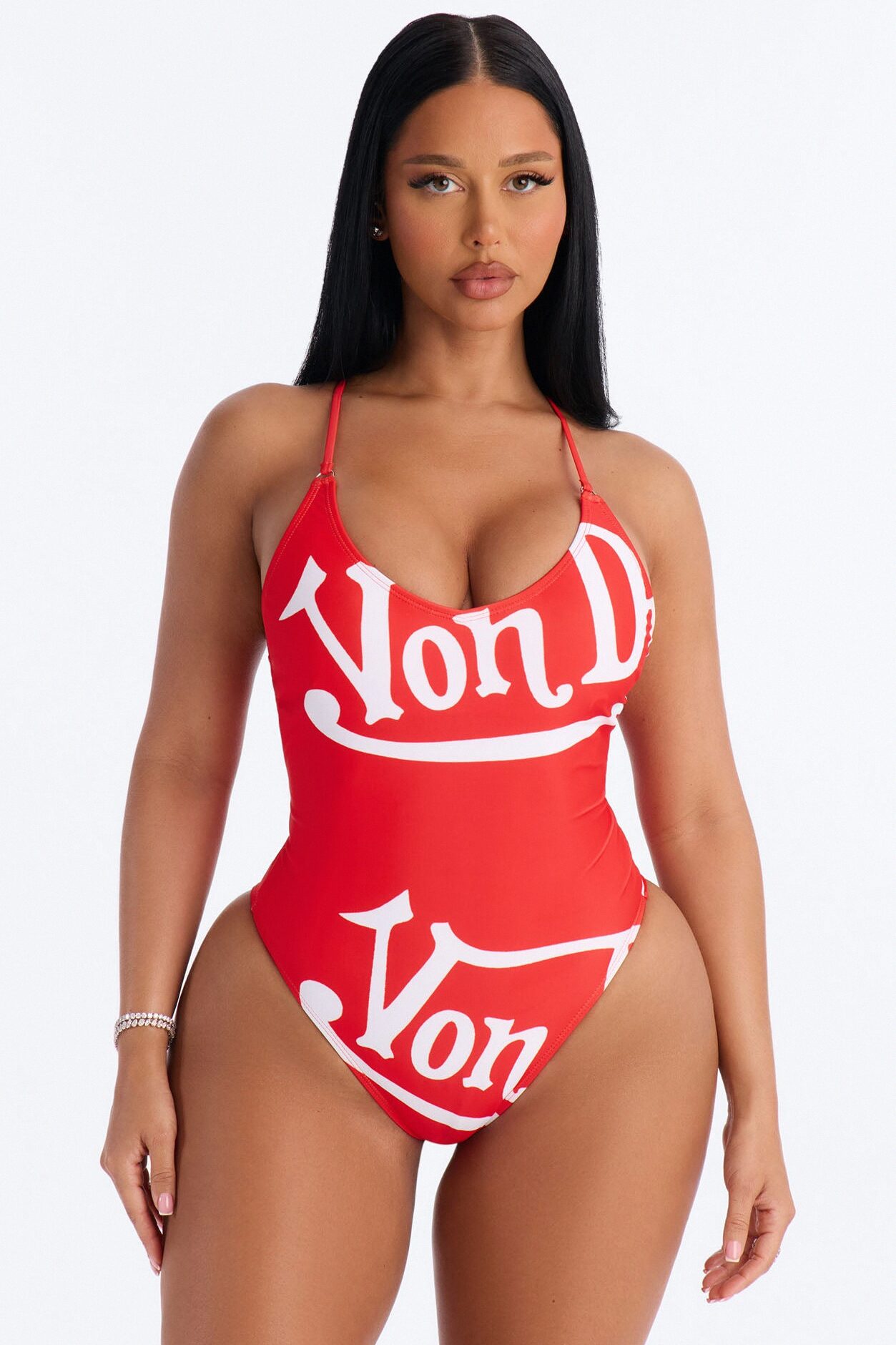 Von Dutch Logo Scoop Neck 1 Piece Swimsuit - Red/combo