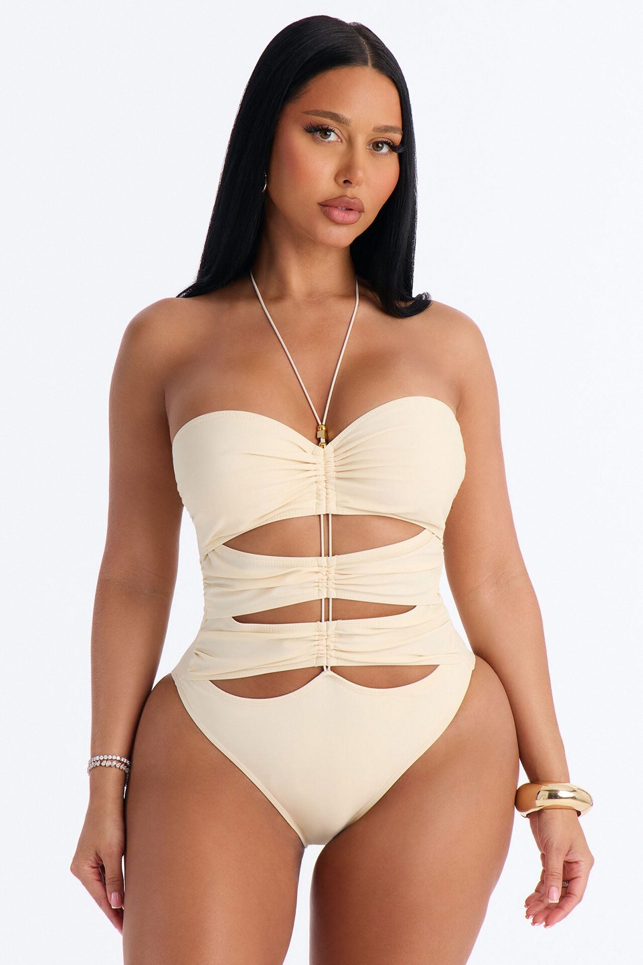 Float My Boat 1 Piece Cut Out Chain Strapless Swimsuit - White