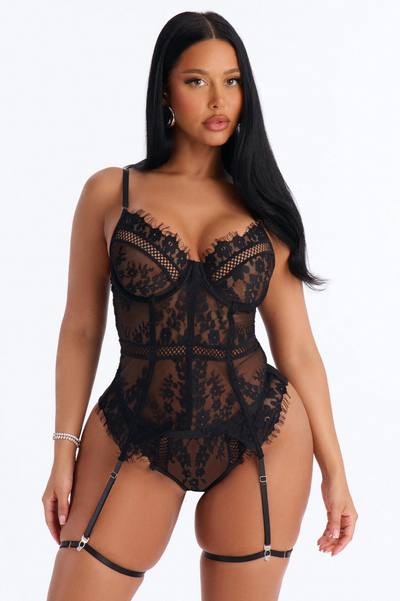 Lilliana Mesh Embroidered 2 Piece Corset Set - Black