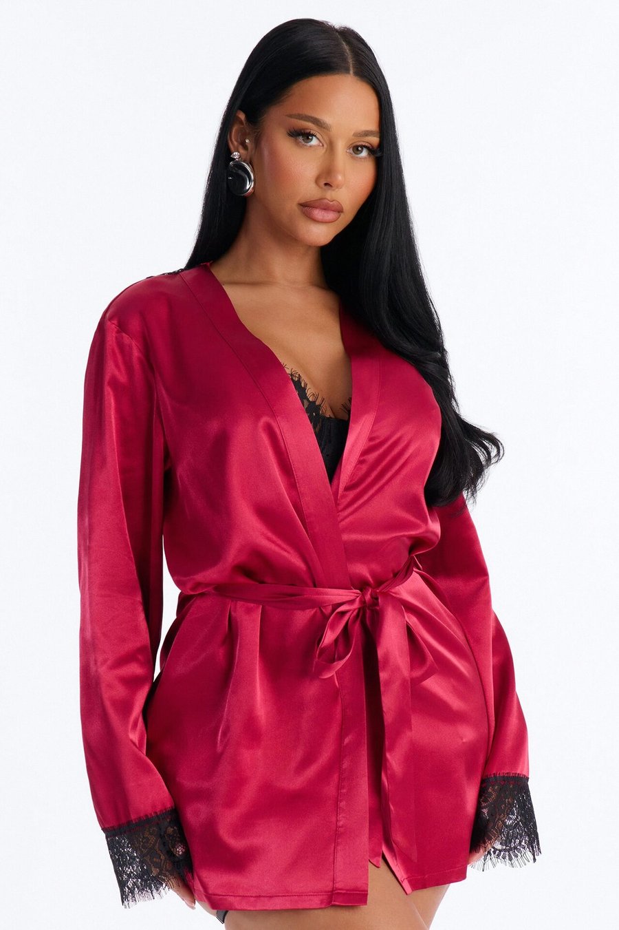 Emerie Satin Lace Trim Robe - Red