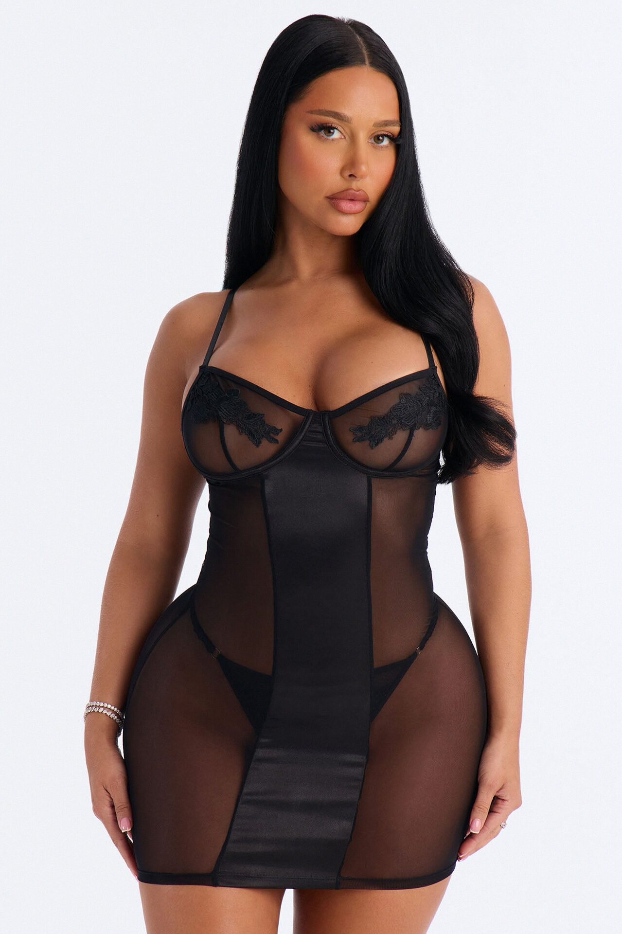Best Of Luck Satin Mesh Chemise - Black