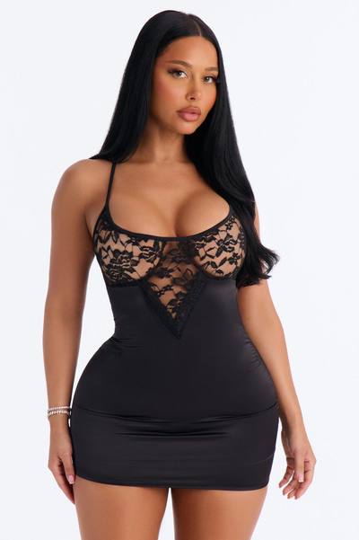 Melina Satin Lace Chemise - Black