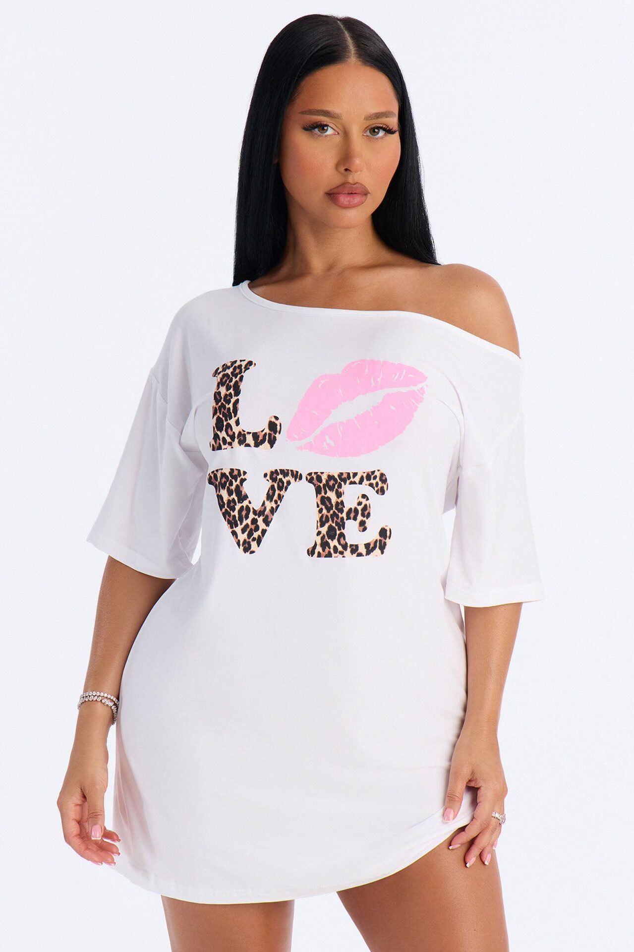 Love Love Love One Shoulder PJ Sleep Shirt - White
