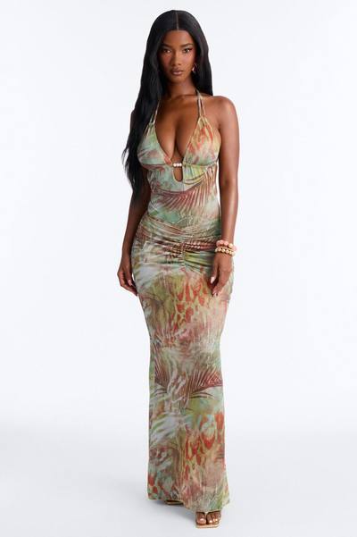 Talita 1 Piece Abstract Halter Swimsuit & Cover Up Maxi Skirt Set - Multi Color