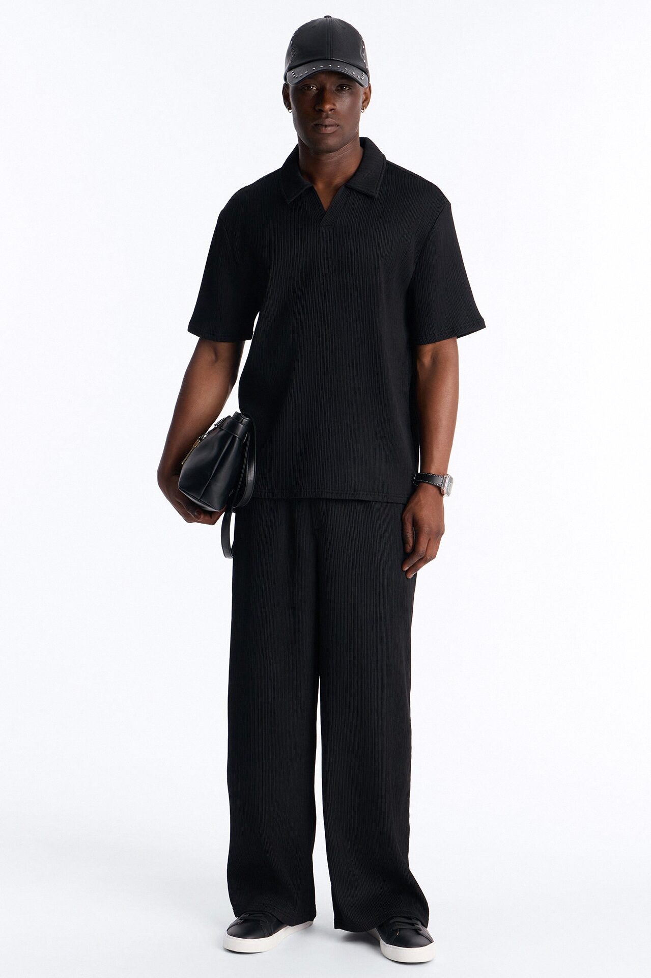 Pure Form Plisse Johnny Collar Polo - Black