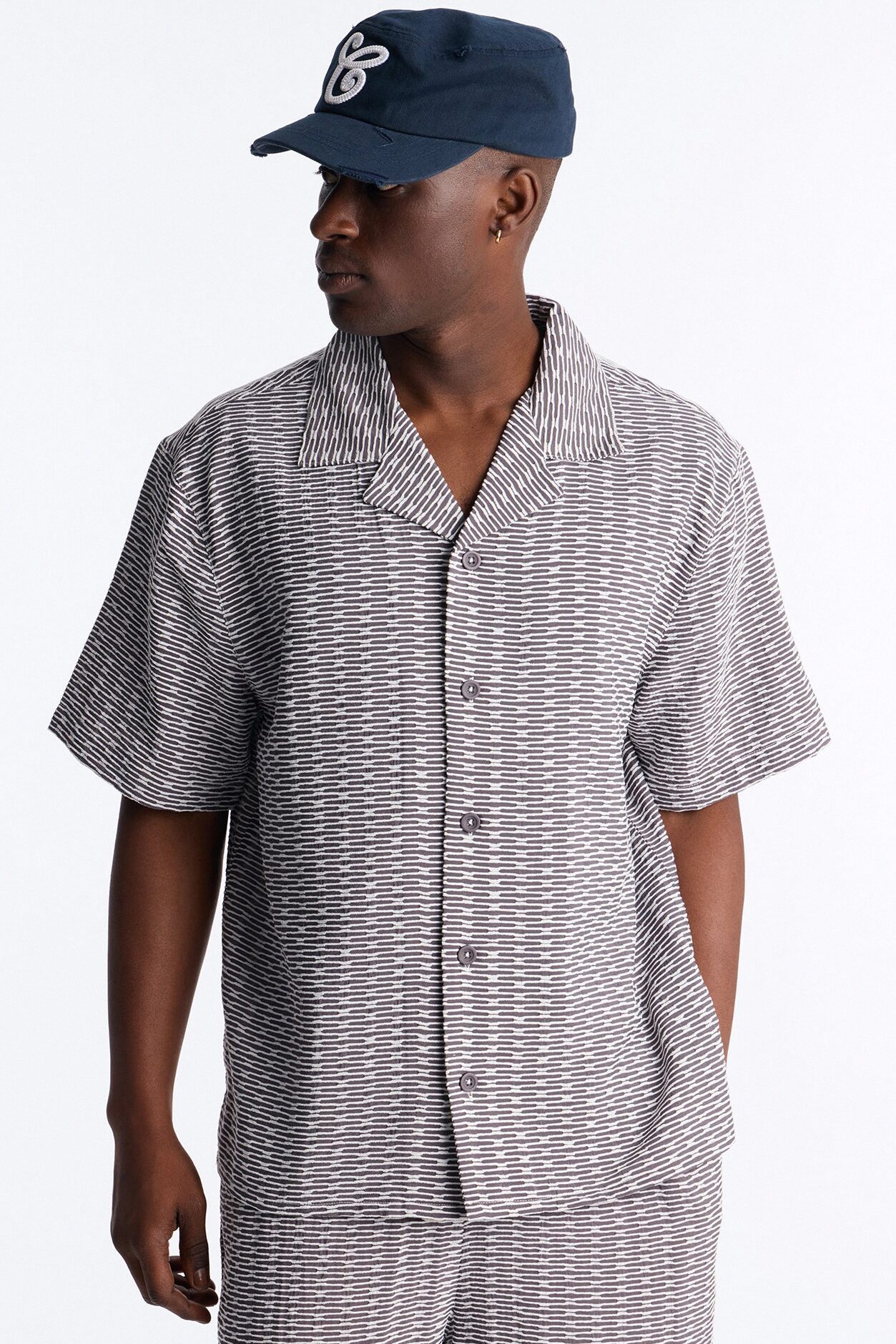 Chenille Terrace Textured Cuban Collar Button Up Shirt - Grey