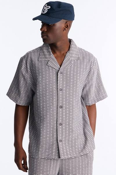 Chenille Terrace Textured Cuban Collar Button Up Shirt - Grey
