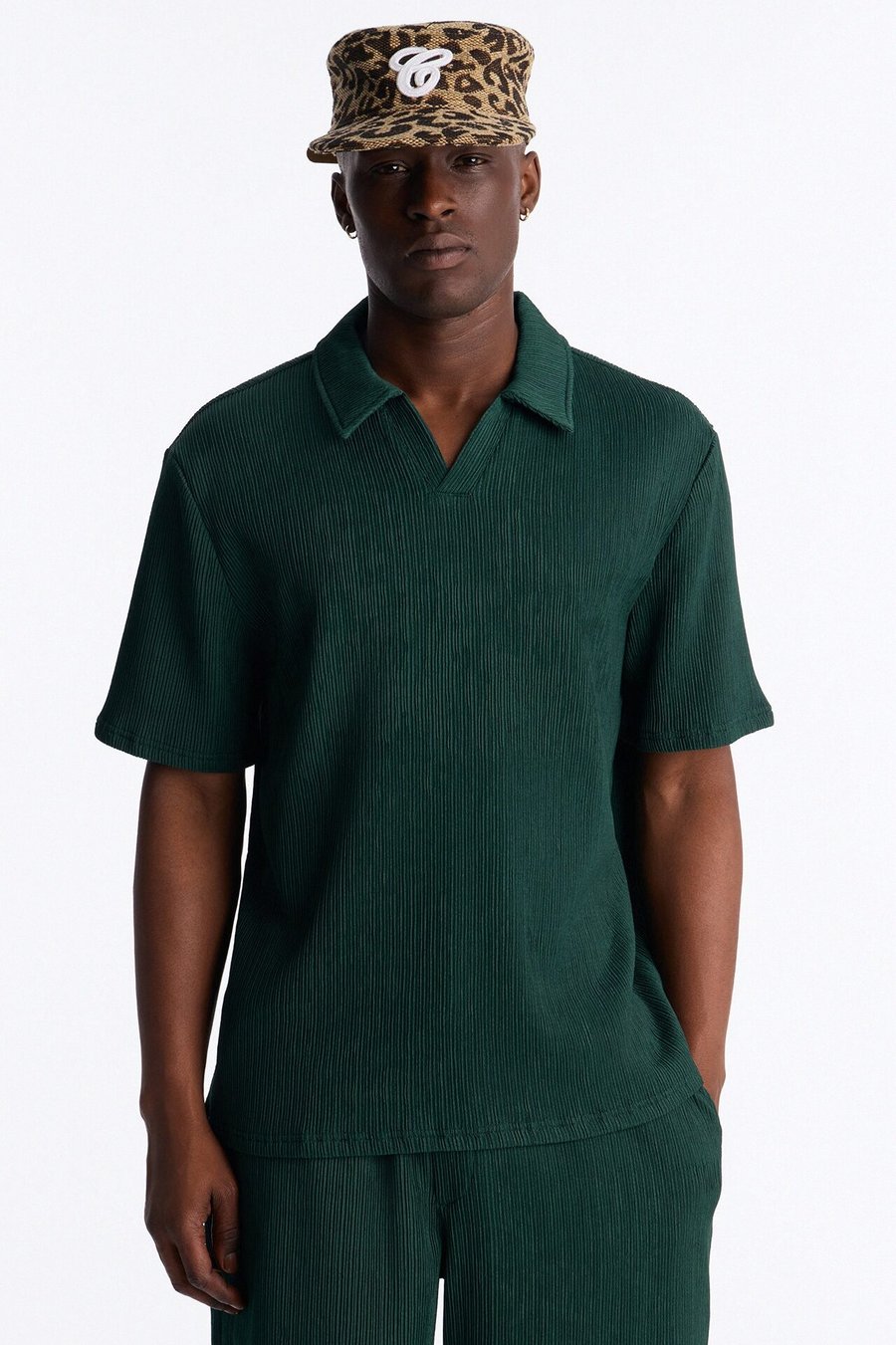 Pure Form Plisse Johnny Collar Polo - Green
