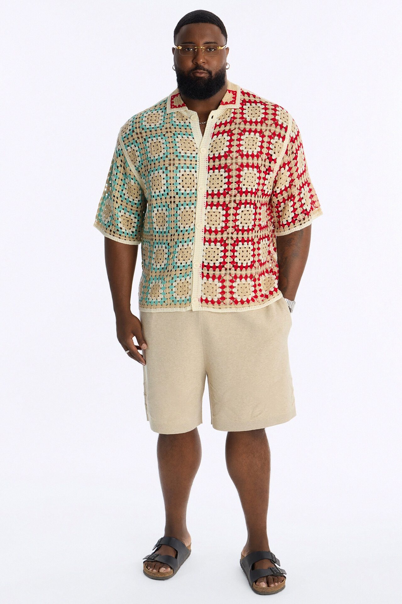 La Playa Crochet Cross Stitch Johnny Collar Button Up Shirt - Multi Color