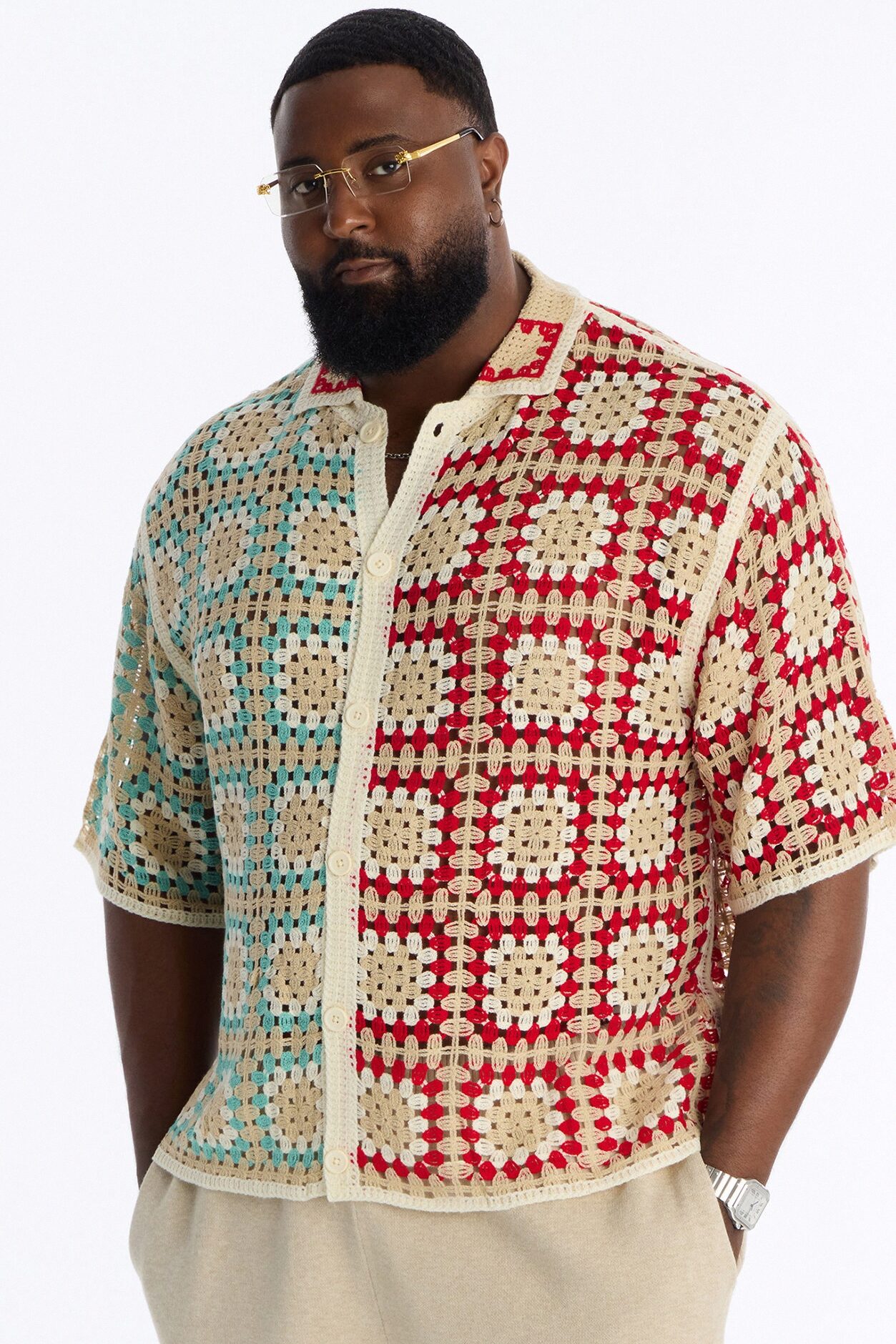 La Playa Crochet Cross Stitch Johnny Collar Button Up Shirt - Multi Color