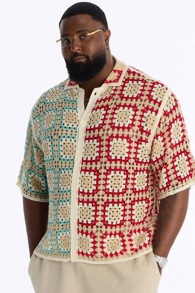 La Playa Crochet Cross Stitch Johnny Collar Button Up Shirt - Multi Color