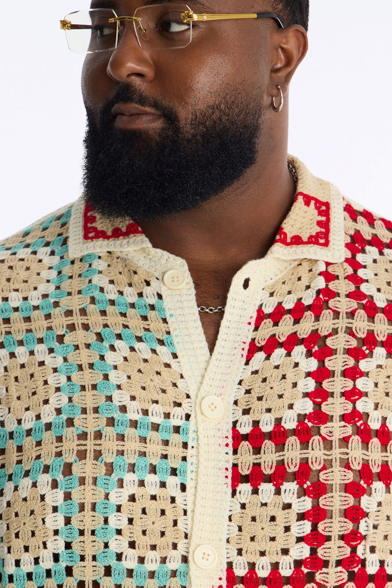 La Playa Crochet Cross Stitch Johnny Collar Button Up Shirt - Multi Color