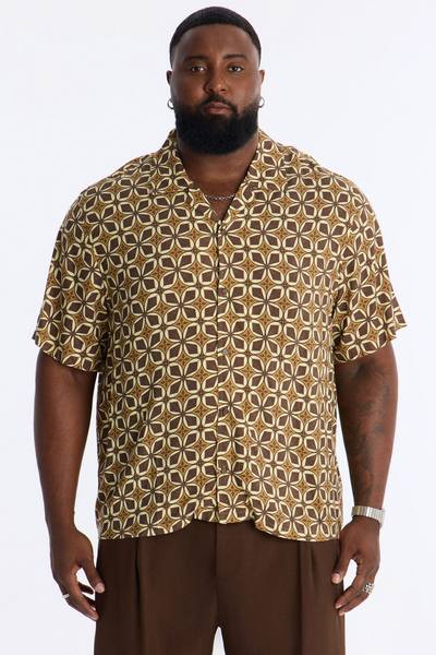 Relaxed Oxalis Cuban Collar Button Up Shirt - Brown/combo