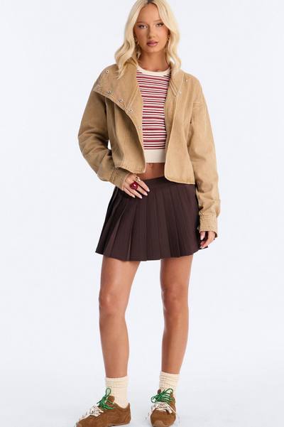 Éloane High Neck Belted Denim Jacket - Khaki