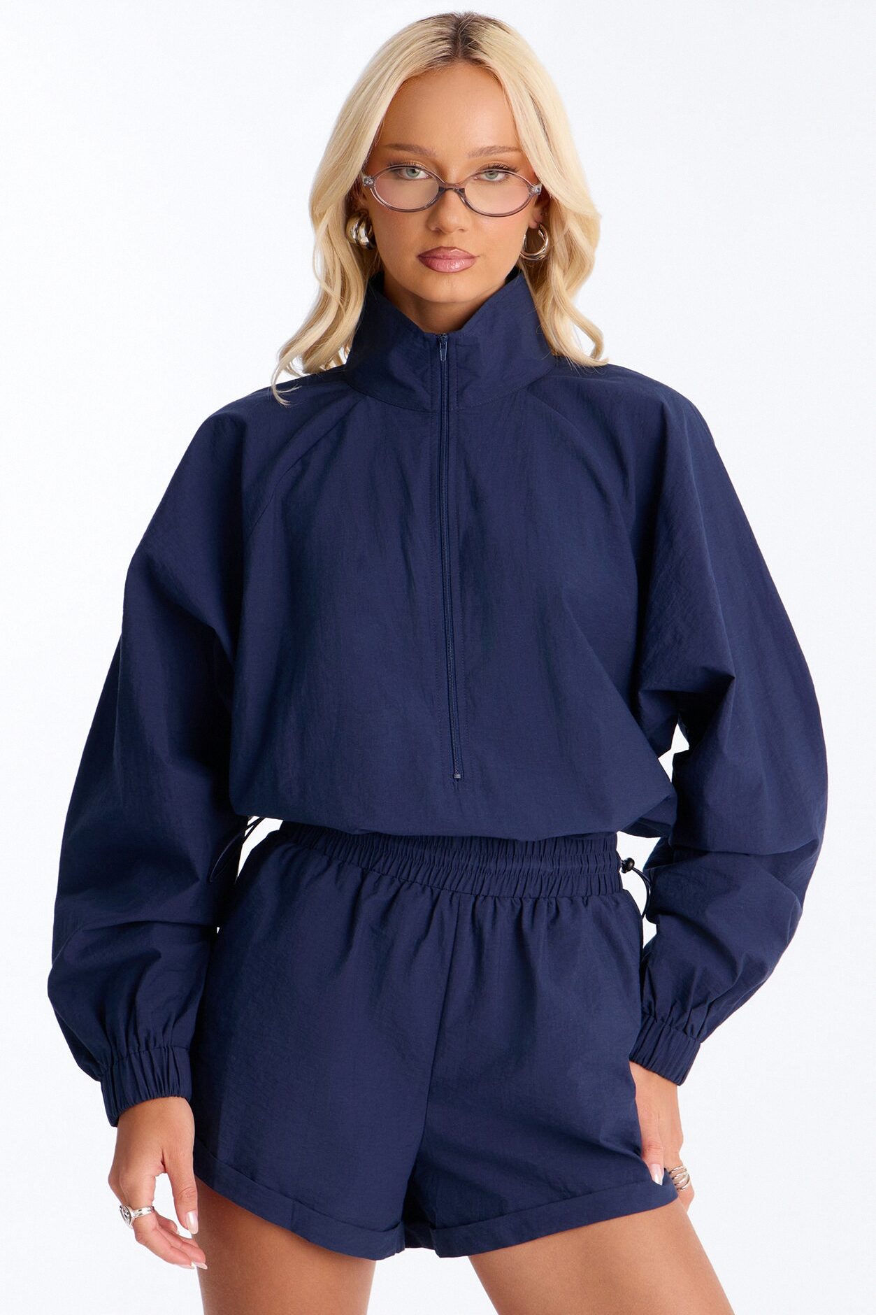 On The Move Windbreaker Long Sleeve Romper - Navy