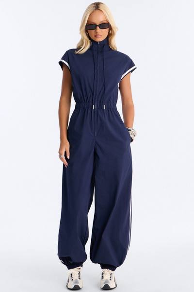 Out The Door Windbreaker Jogger Pant Jumpsuit - Navy