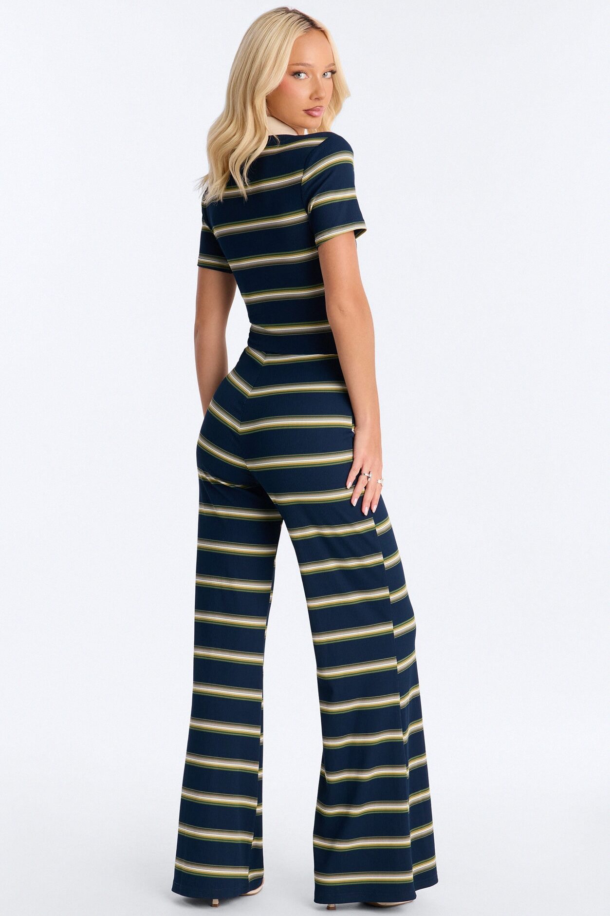 Too In Line Ribbed Striped Jumpsuit - Navy