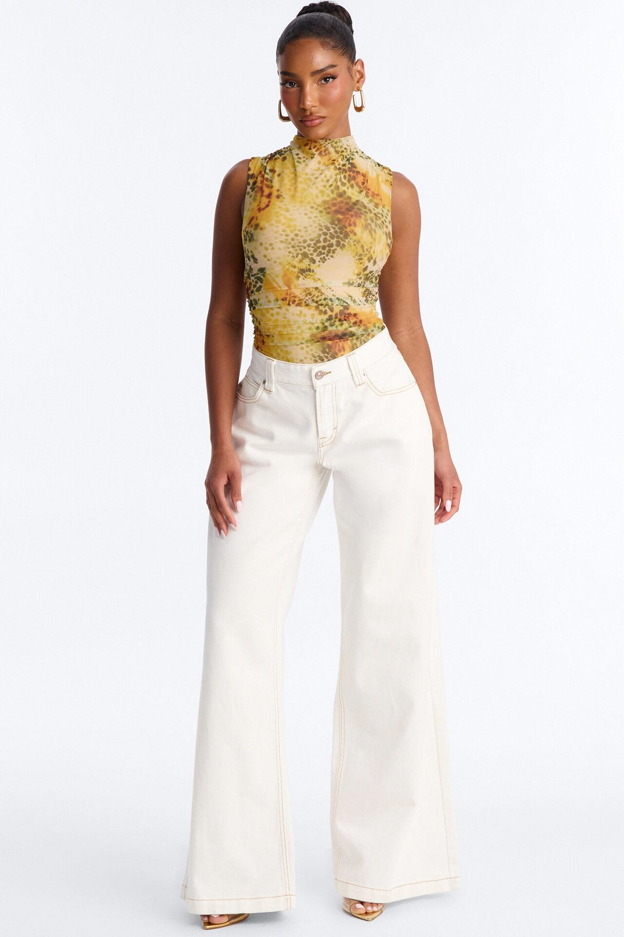 Hunt Me Down Ruched Sleeveless Mesh Bodysuit - Yellow/combo