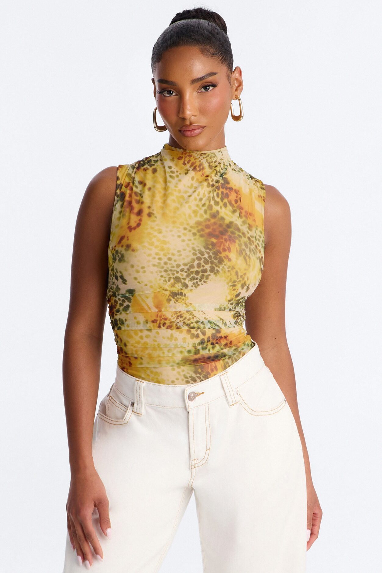 Hunt Me Down Ruched Sleeveless Mesh Bodysuit - Yellow/combo