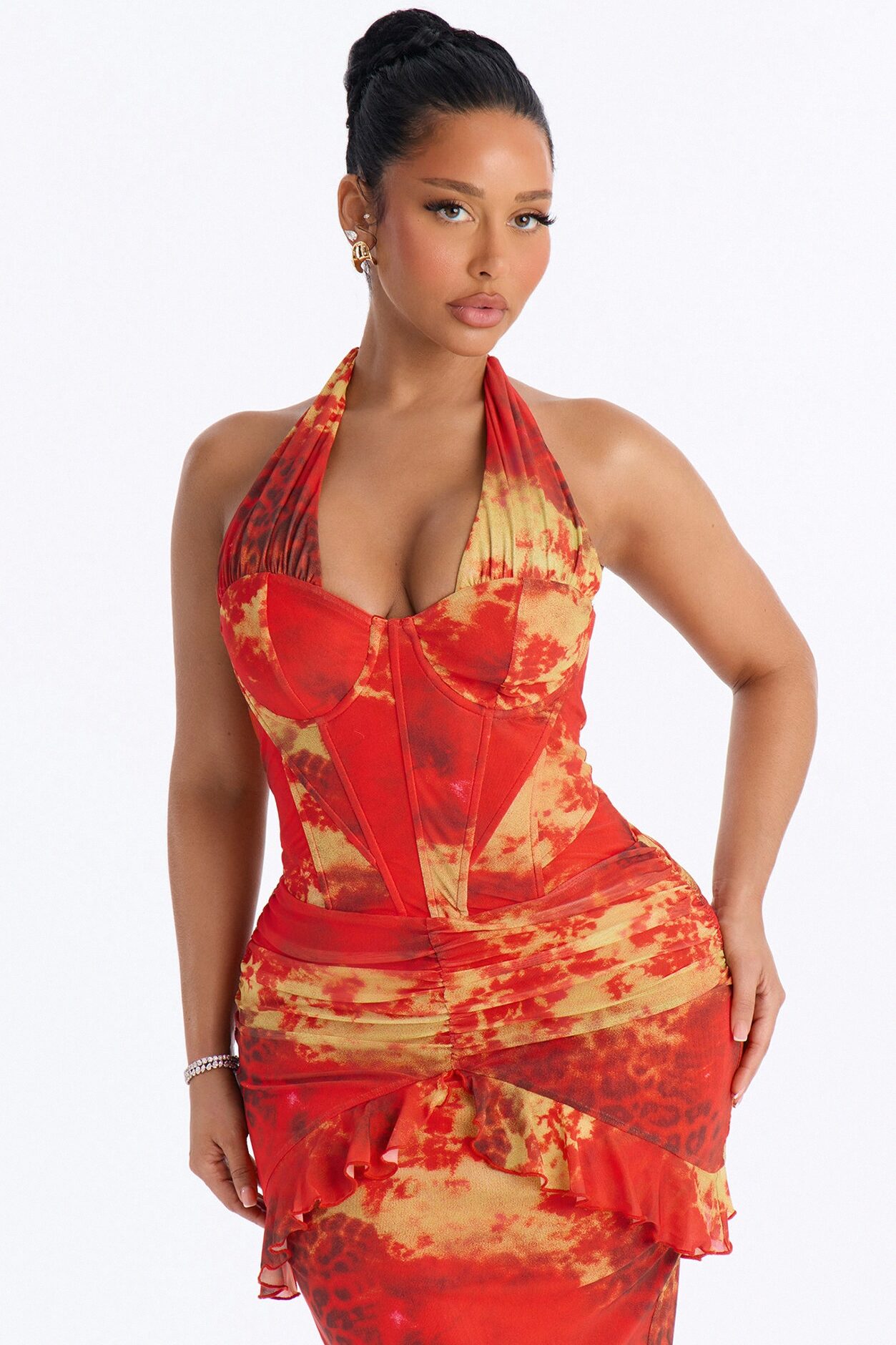 Siren Corset Mesh Maxi Dress - Orange/combo