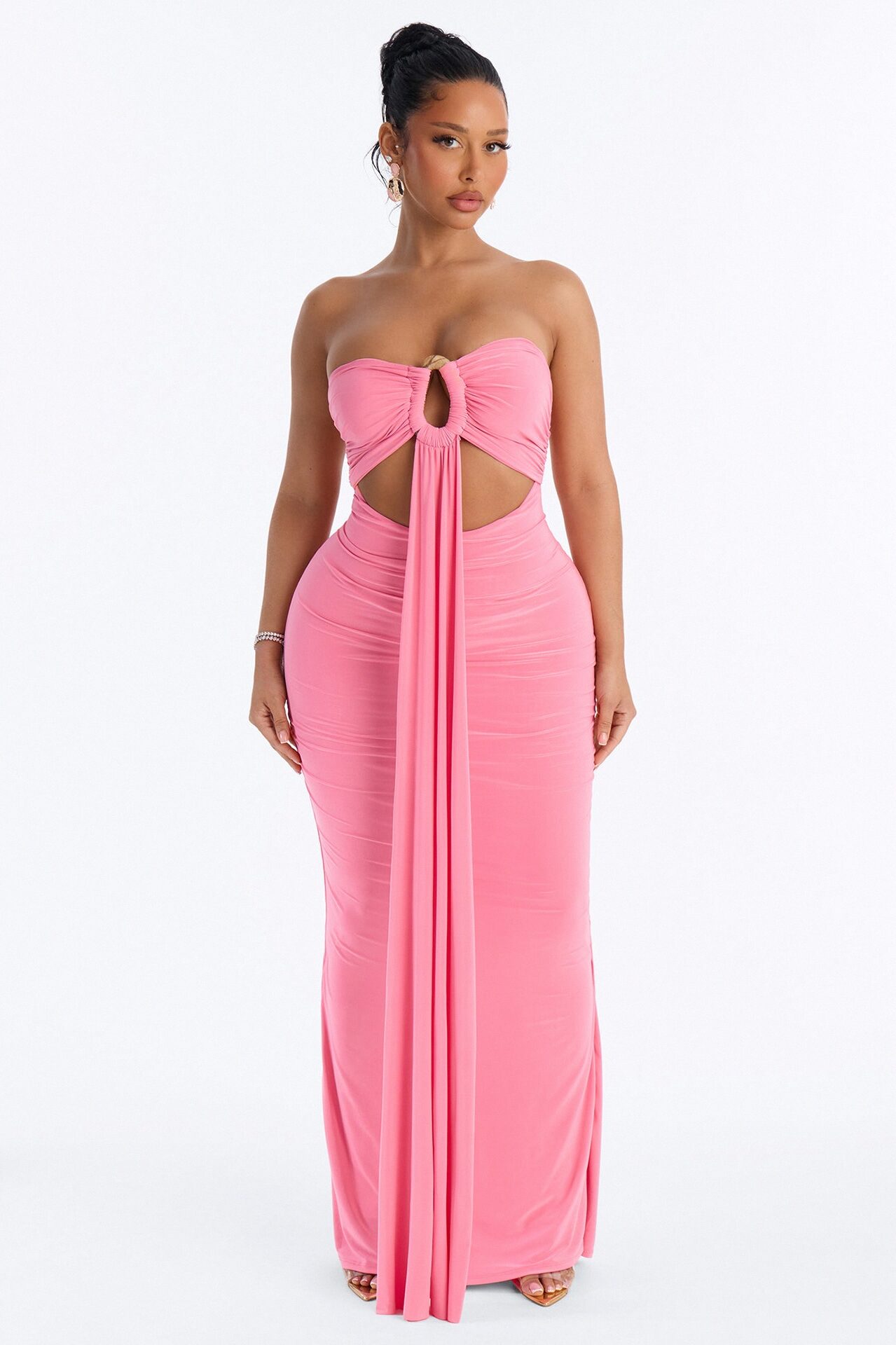 Heating Up Draped Strapless Maxi Dress - Pink