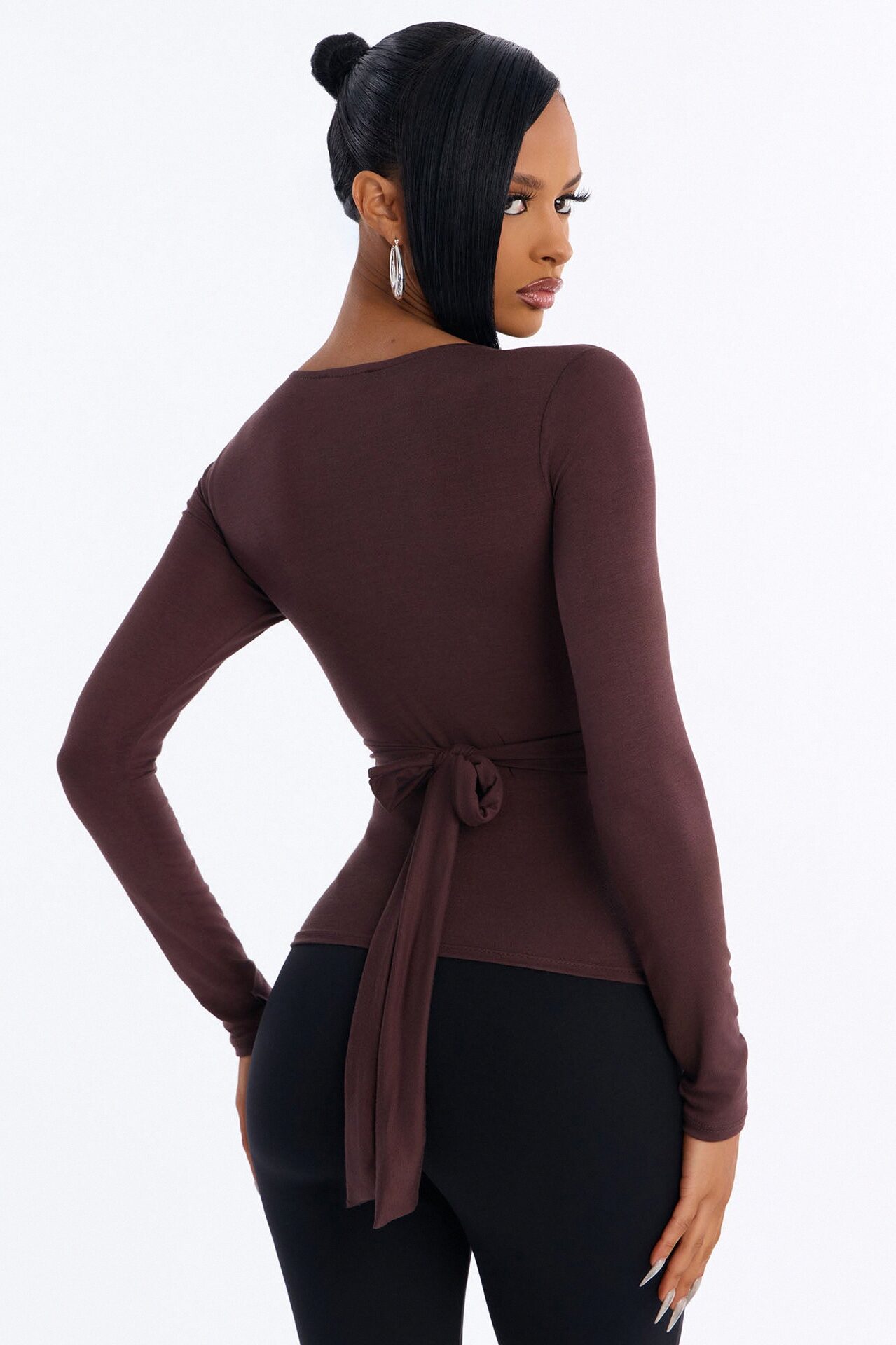 Jenni Back Tie Waist Long Sleeve Top - Chocolate