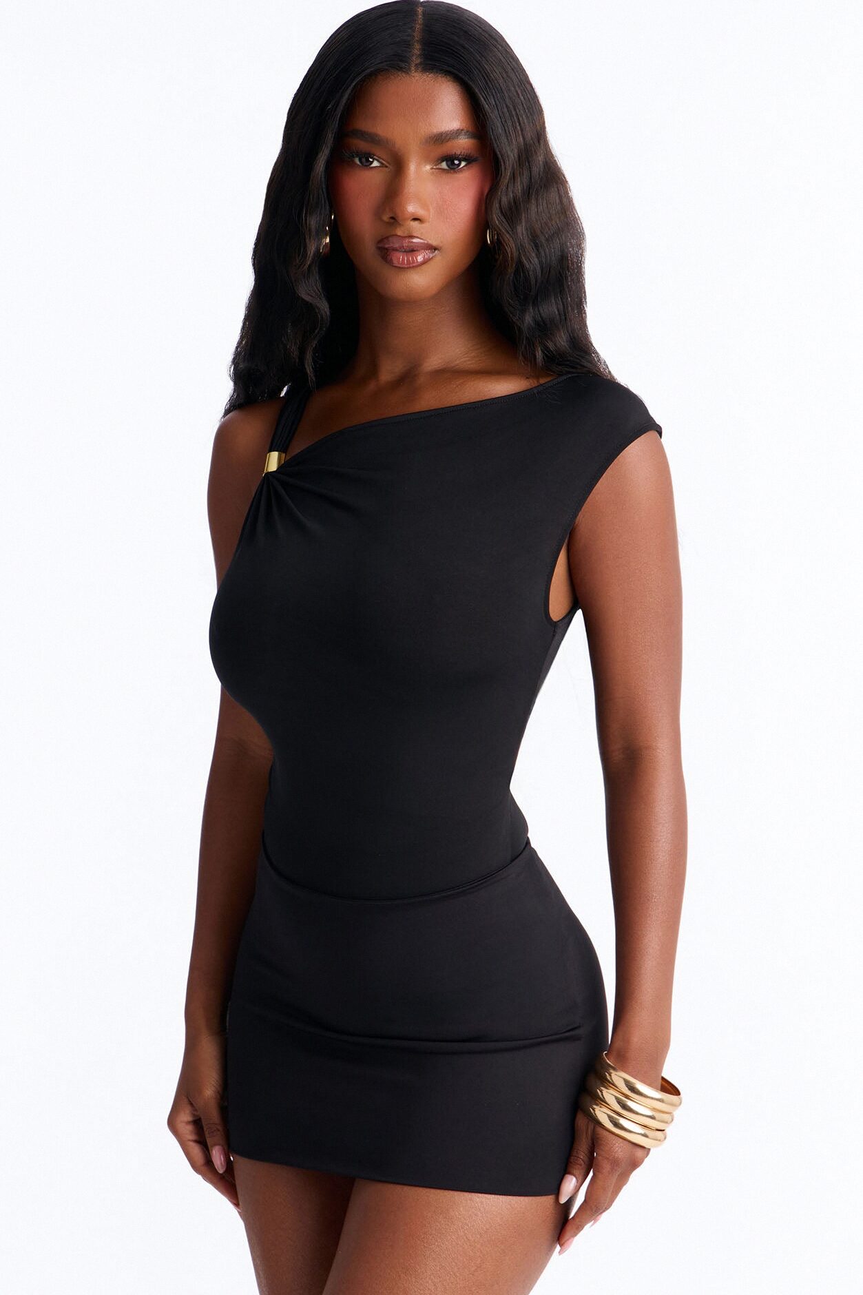 Aveline Ruched Hardware Sleeveless Bodysuit - Black