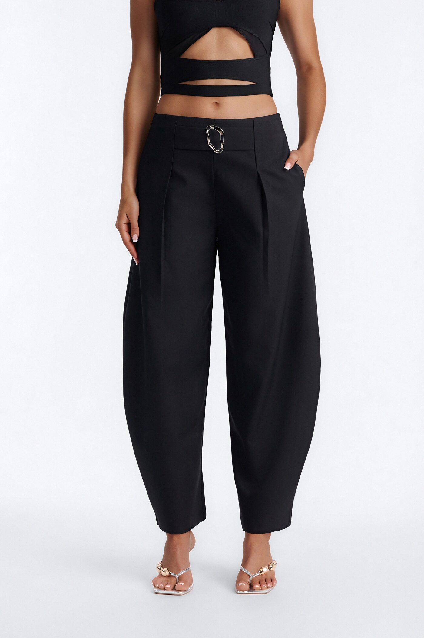 Galley Barrel Leg Buckle Embellished Trouser - Black