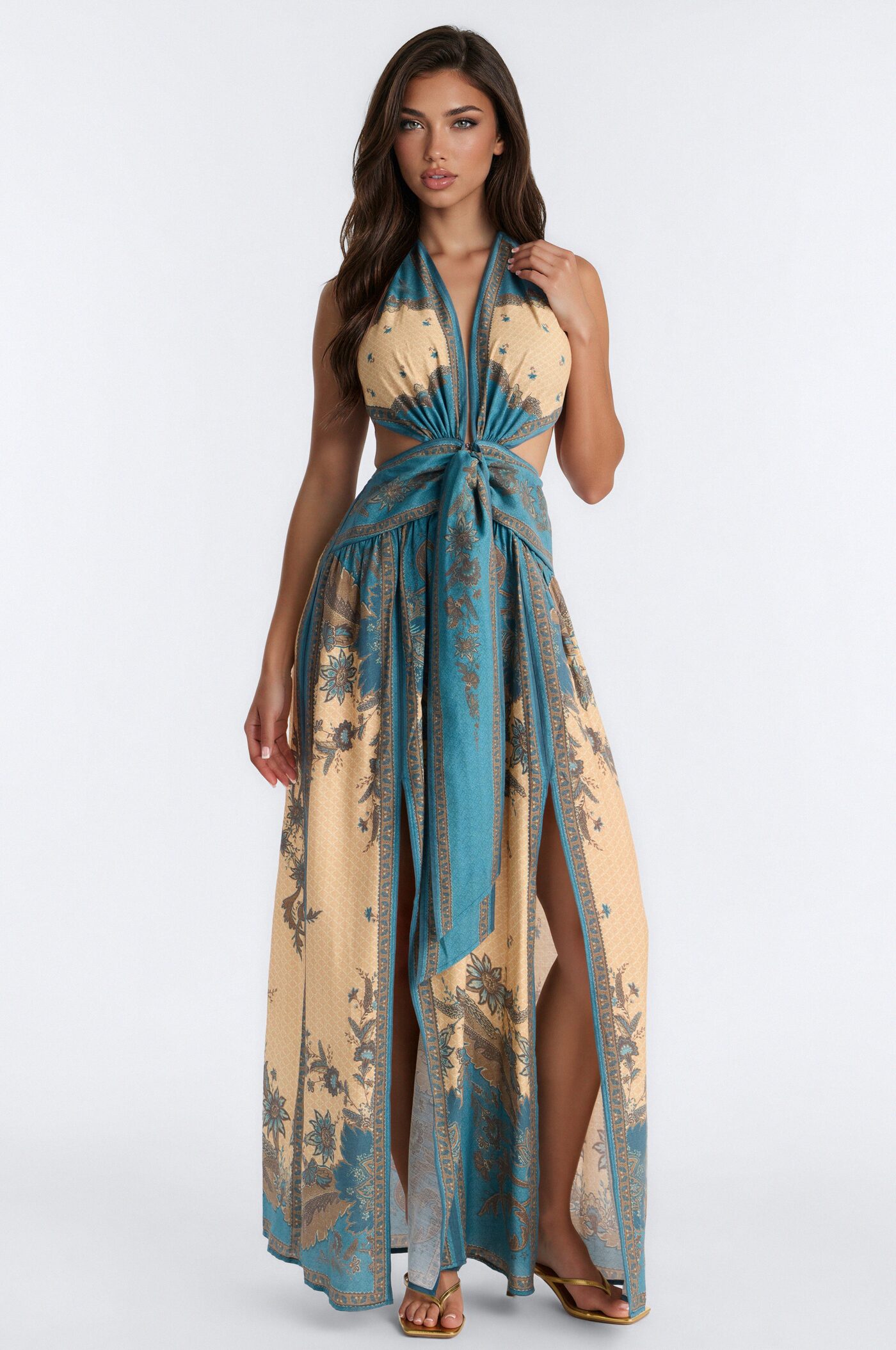 Mariella Plunge Halter Wide Leg Jumpsuit - Teal