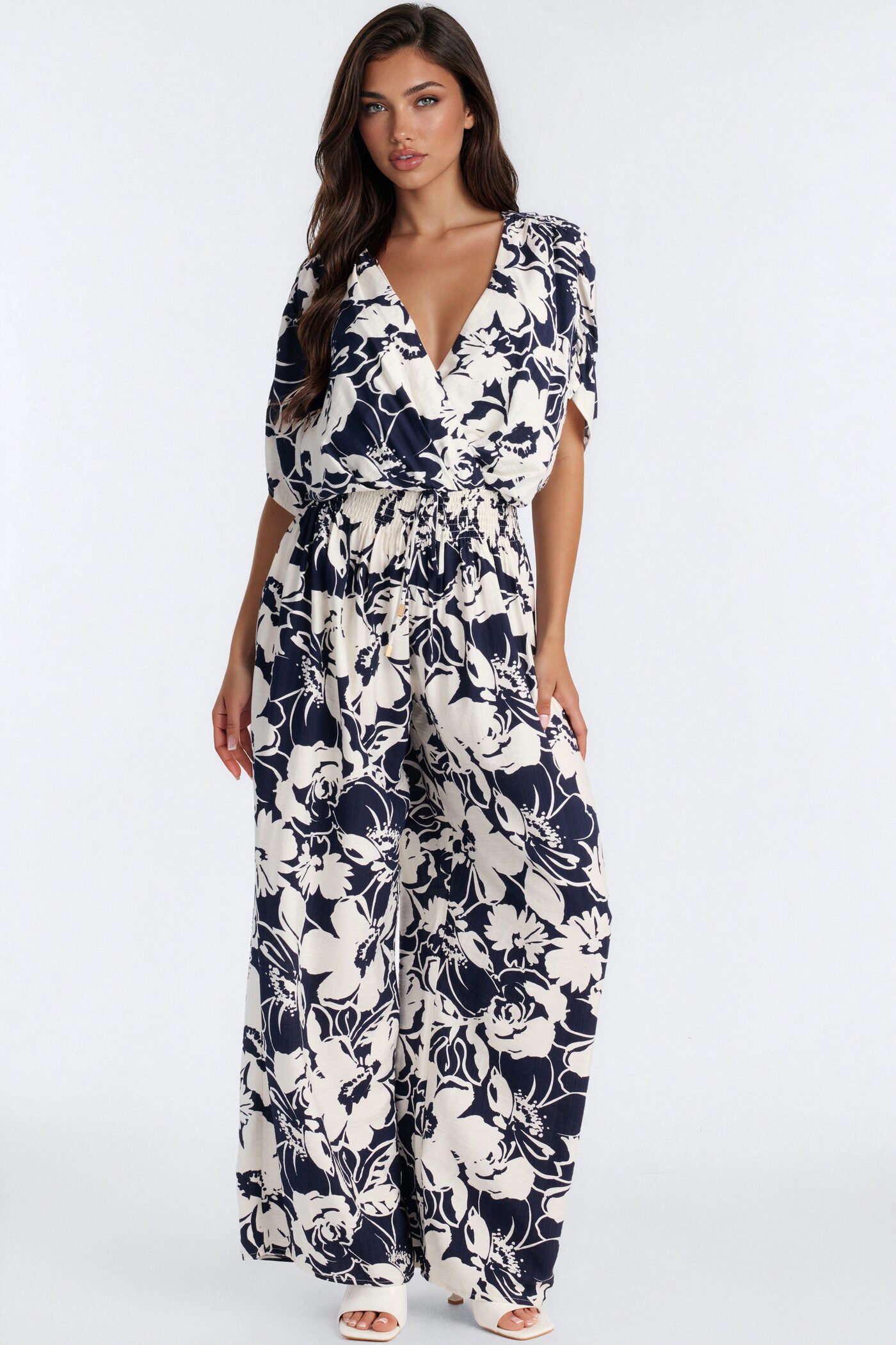 Lina Tropical Print Wide Leg Jumpsuit - Navy