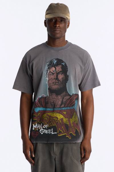 Superman Man Of Steel Vintage Heavy Weight Distressed Short Sleeve Tee - Charcoal