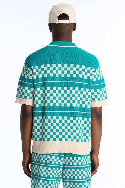 Knitted Pawn Checker Button Up Shirt - Teal/combo