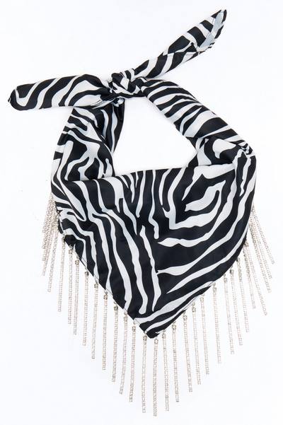 Wild Beauty Rhinestone Fringe Head Scarf - Black/White